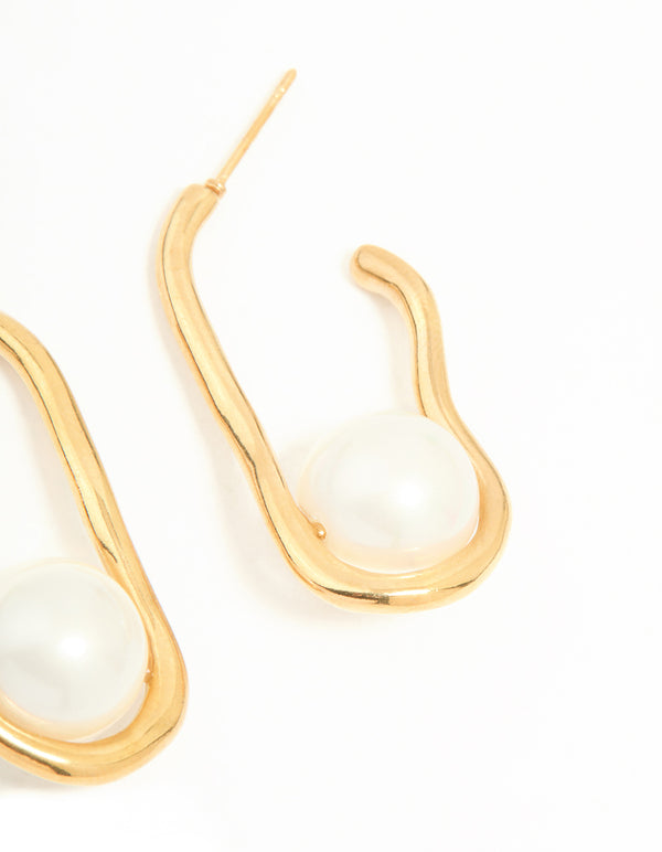 Waterproof Gold Plated Stainless Steel Pearl Twist Hoop Earrings