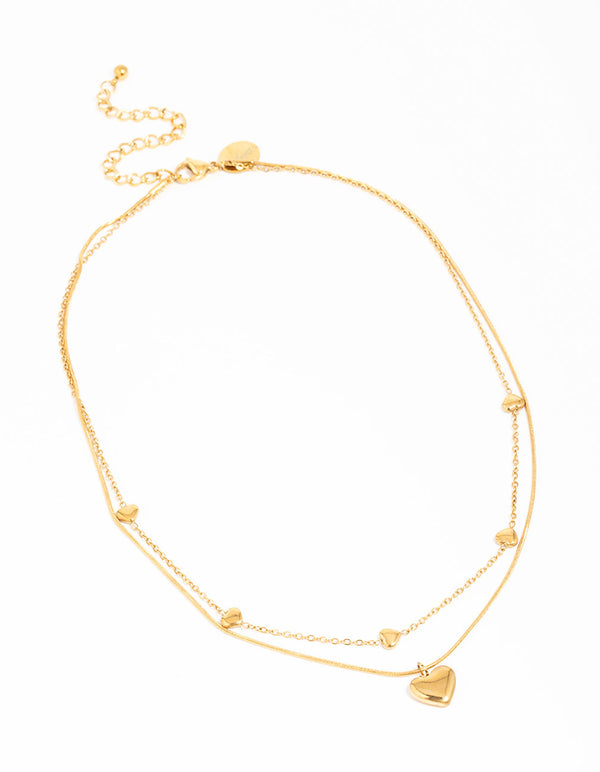Showcasing waterproof gold plated stainless steel heart pendant layered necklace with charm details front view