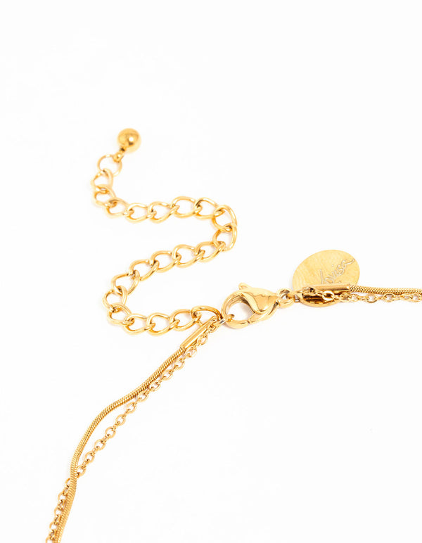 Detailed look at waterproof gold plated stainless steel heart pendant layered necklace featuring charm and clasp detail view