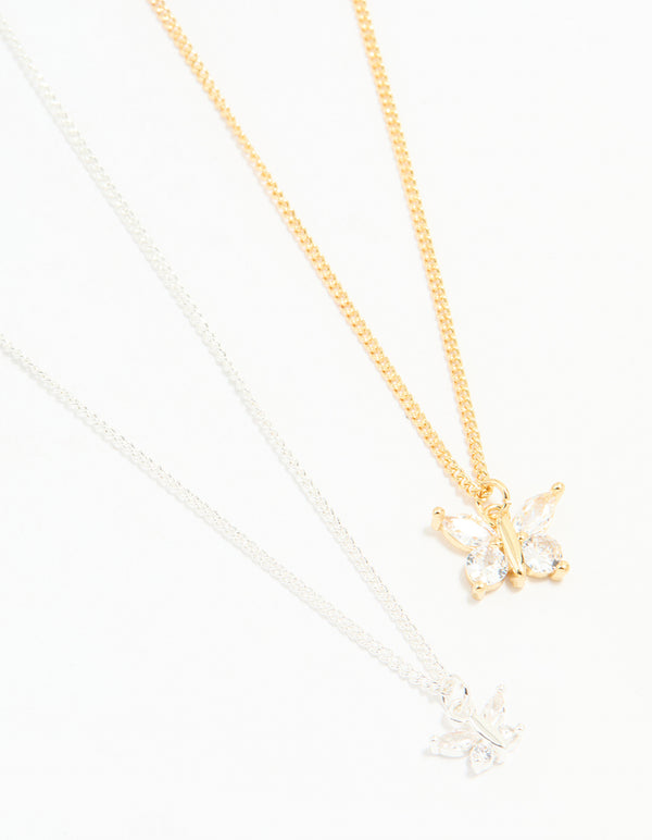 Mixed Metal Cubic Zirconia Butterfly Link Necklace Pack