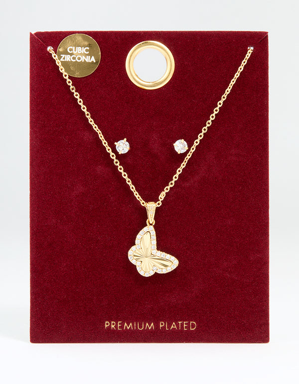 Gold Plated Cubic Zirconia Butterfly Necklace & Stud Earrings Set