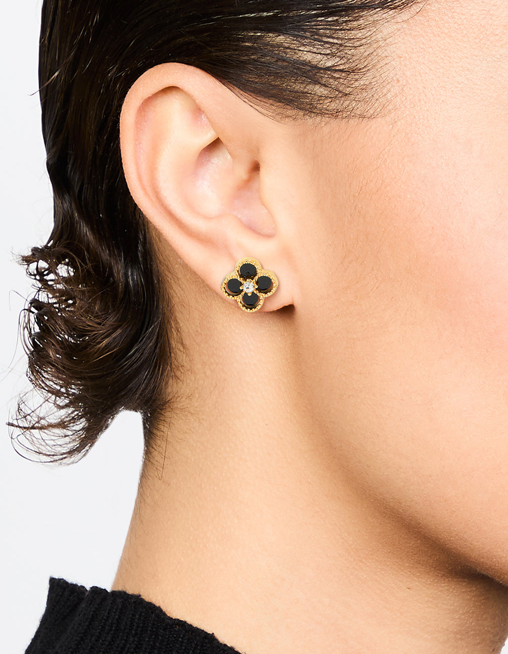 Waterproof Gold Plated Stainless Steel Black Flower Stud Earrings