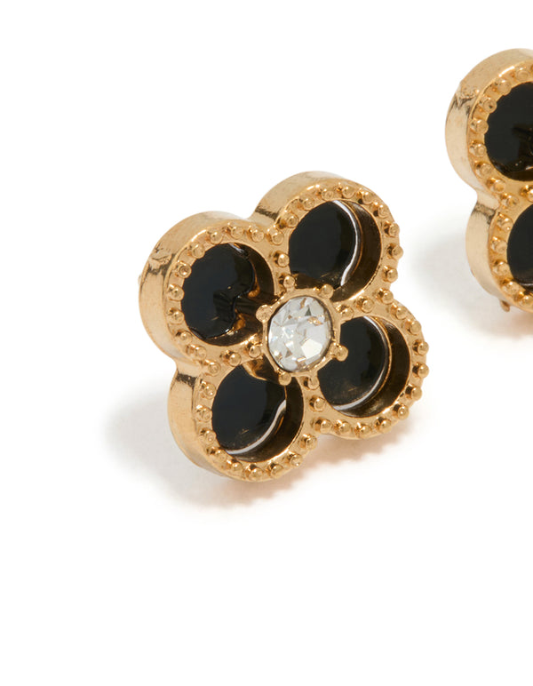 Waterproof Gold Plated Stainless Steel Black Flower Stud Earrings