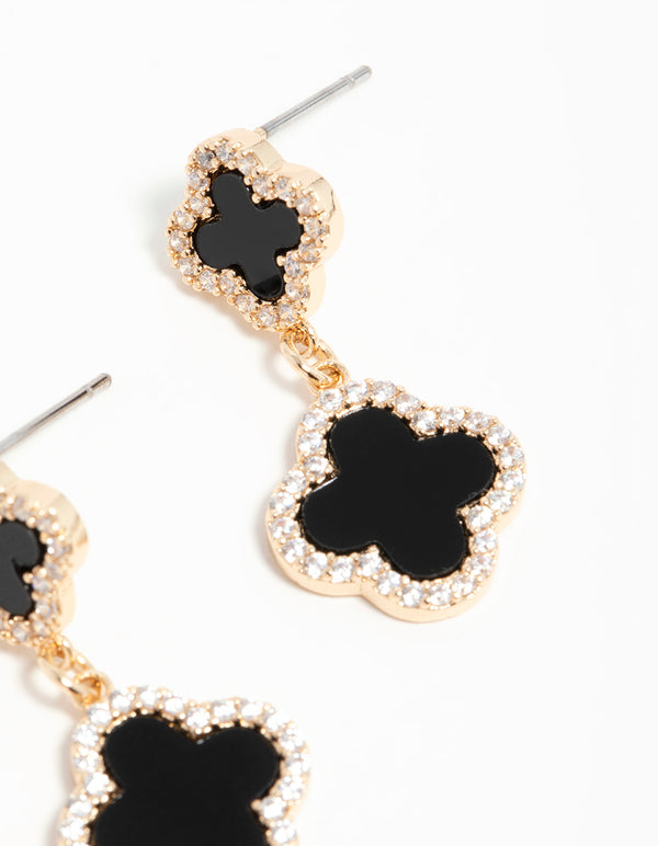 Gold Cubic Zirconia Black Flower Drop Earrings