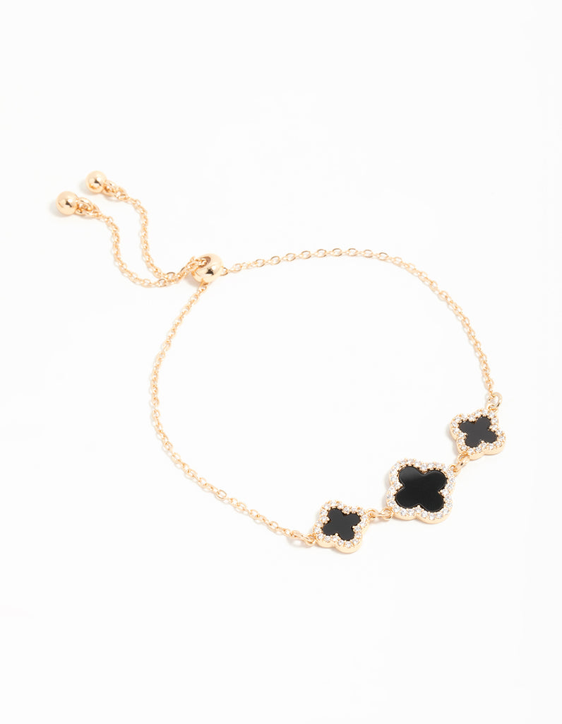 Gold Cubic Zirconia Black Flower Trio Toggle Bracelet - Lovisa