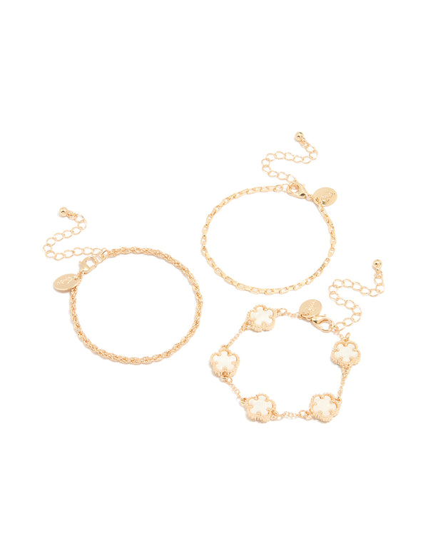Gold Flower & Chain Bracelets 3-Pack