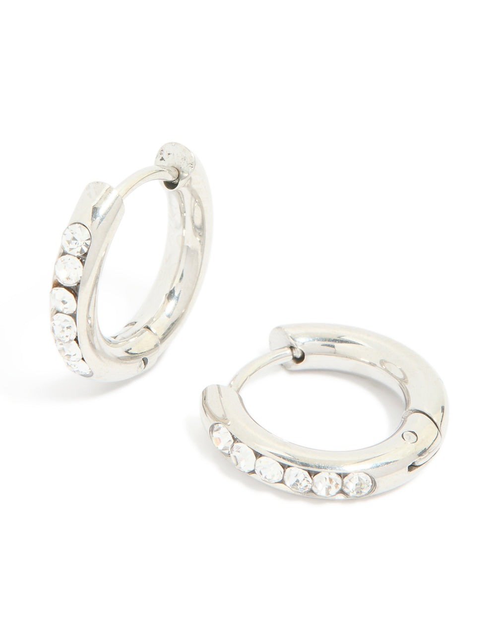 Showcasing waterproof stainless steel cubic zirconia round clicker huggie earrings crafted from silver in front view