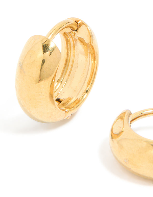 Crafted from waterproof gold plated stainless steel chunky huggie earrings measuring 10 MM close up view