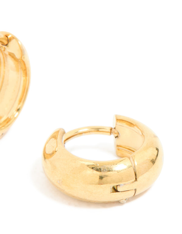 Designed with waterproof gold plated stainless steel chunky huggie earrings measuring 10 MM post detail view