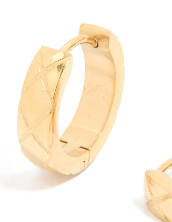Waterproof Gold Plated Stainless Steel Textured Cut Huggie Earrings