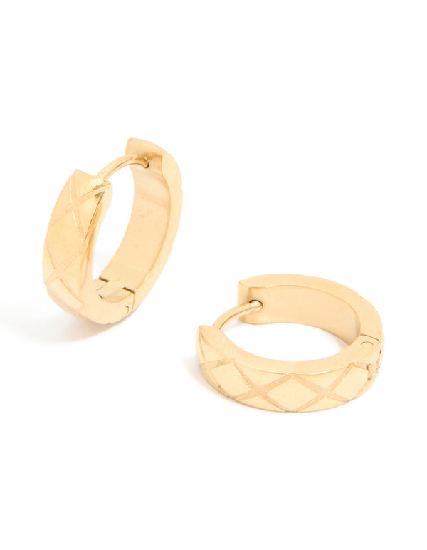 Waterproof gold plated stainless steel textured cut huggie earrings front view