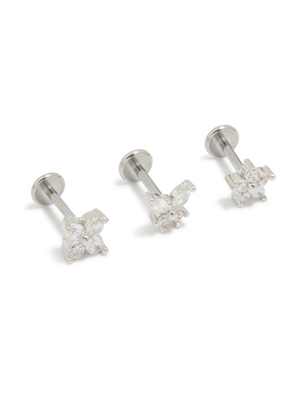 Introducing surgical steel cubic zirconia floral, butterfly flat back studs in a 3-pack with silver and white tones front view