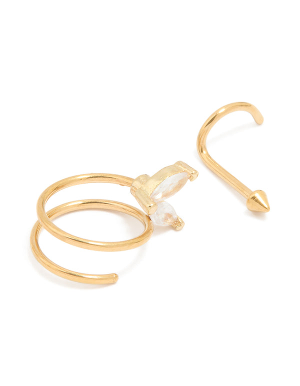Gold Plated Surgical Steel Cubic Zirconia Nose Hook Studs & Nose Ring 3-Pack