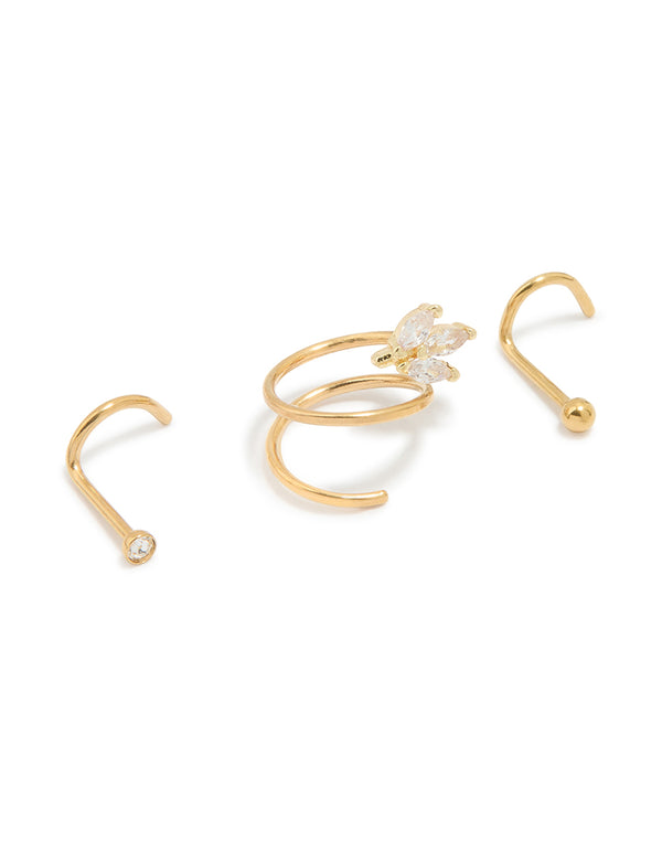 Gold Plated Surgical Steel Cubic Zirconia Hook & Nose Ring 3-Pack