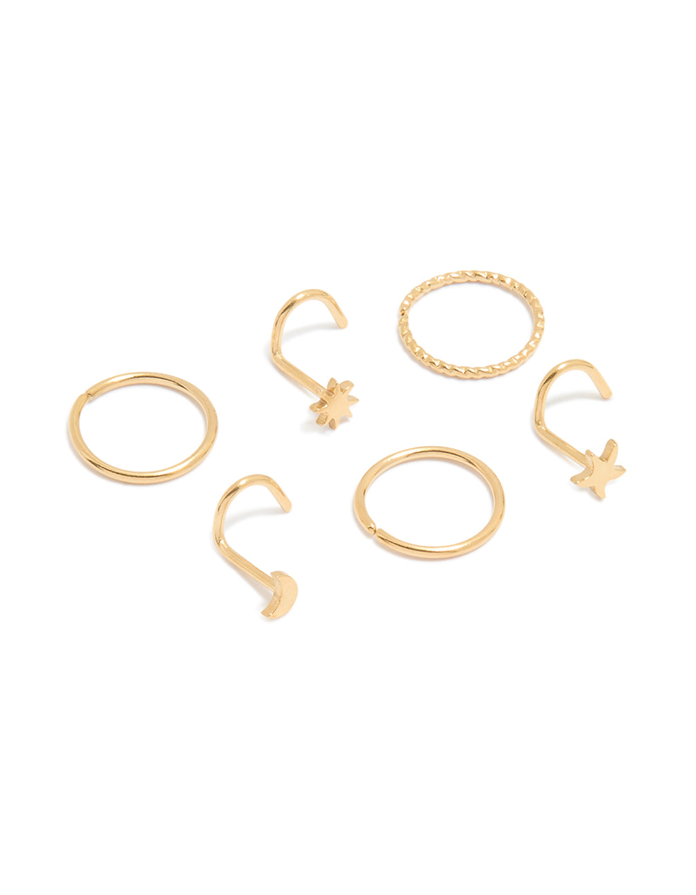 Gold Plated Surgical Steel Star & Moon Nose Piercings 6-Pack