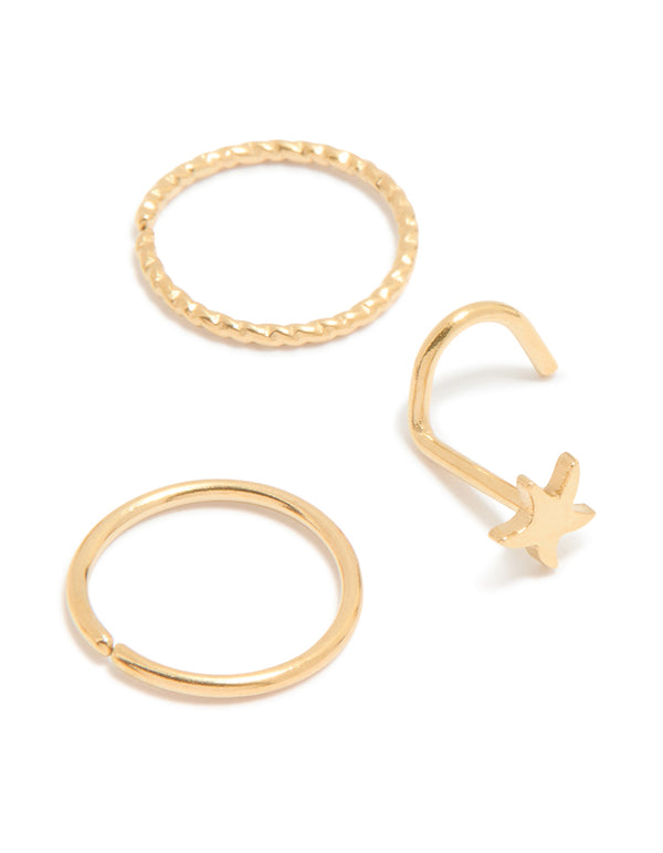 Gold Plated Surgical Steel Star & Moon Nose Piercings 6-Pack