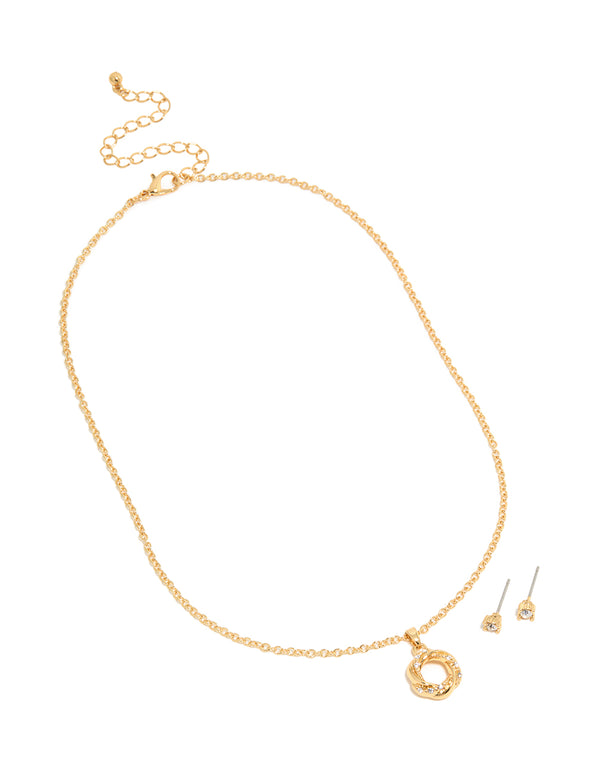 Gold Plated Diamante Knotted Necklace & Stud Earrings Set