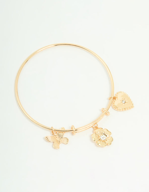 Gold Butterfly Heart & Flower Charm Adjustable Bangle