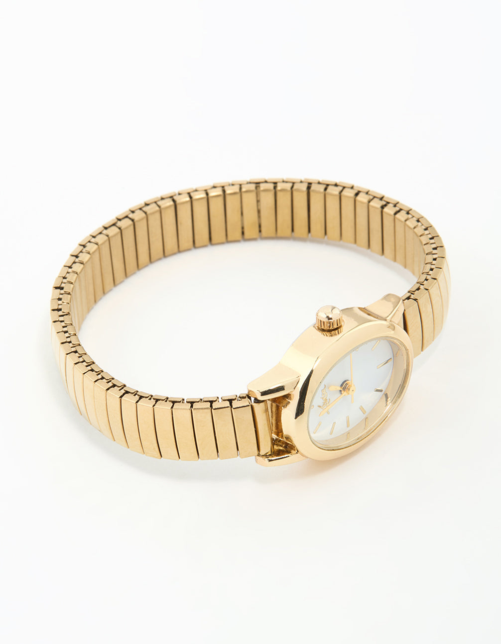 Showcasing a white dial with round shape for women, this gold mini oval stretch watch features a link band strap in analog style, designed for formal occasions with a statement aesthetic, front view