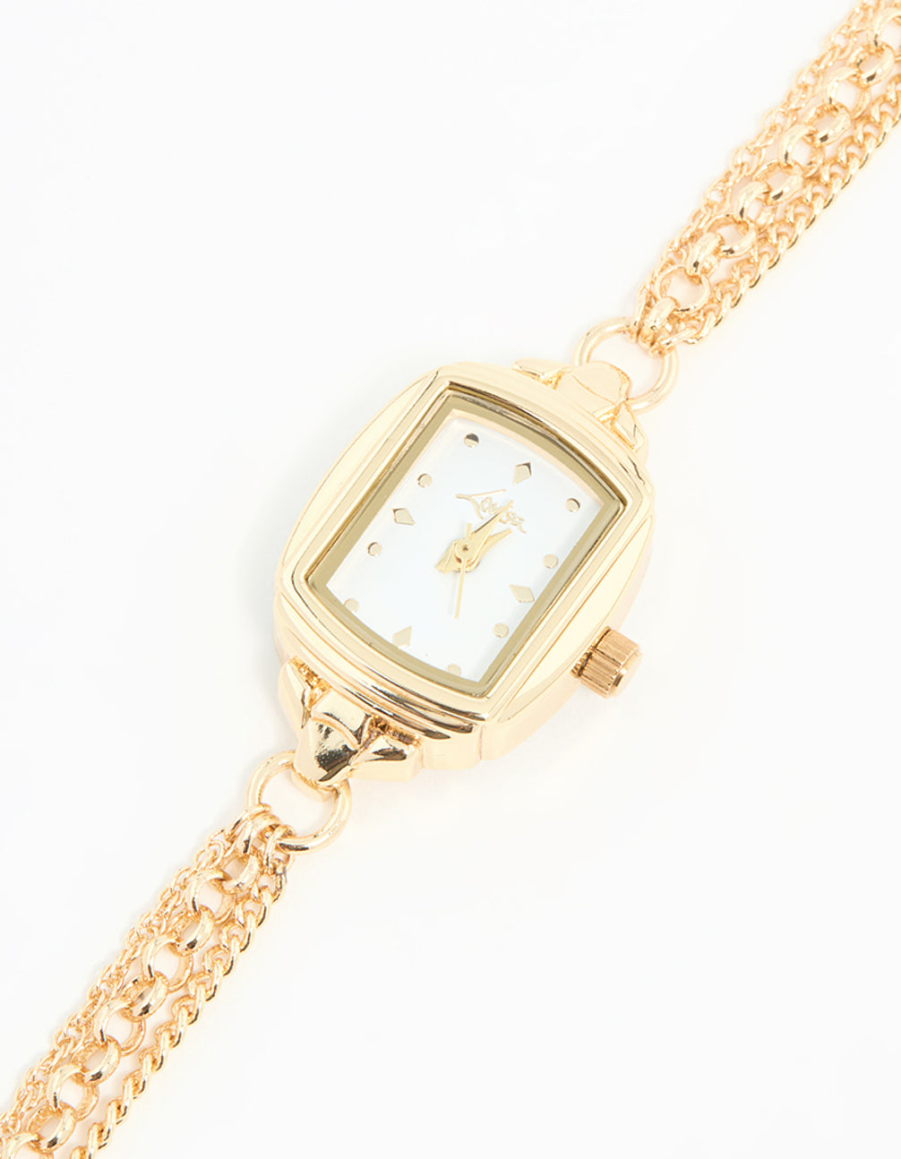 Elegant women's watch bracelet in gold, white rectangle dial, link band strap, designed for casual occasions with analog timekeeping watch face detail view