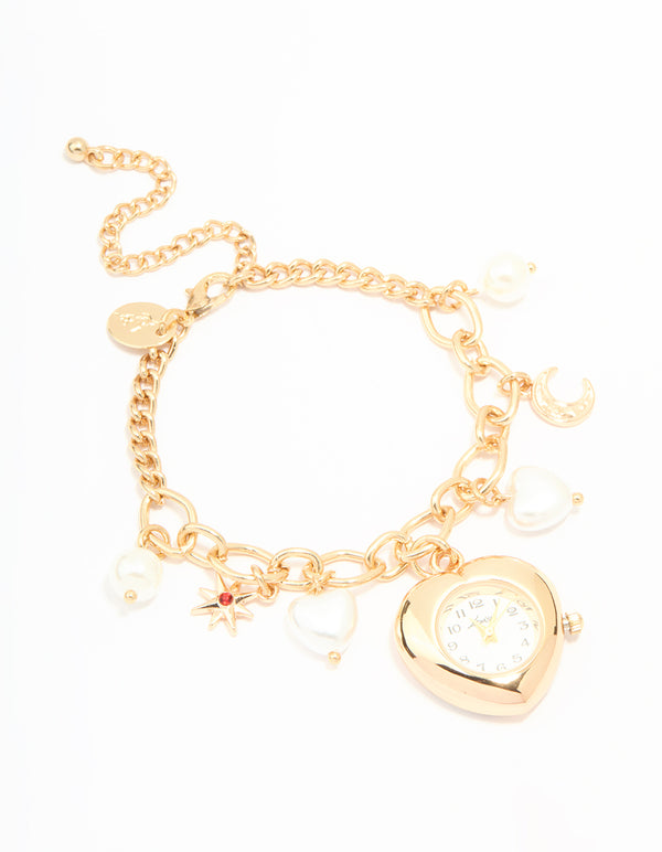 Gold Pearl Heart Charm Watch Bracelet