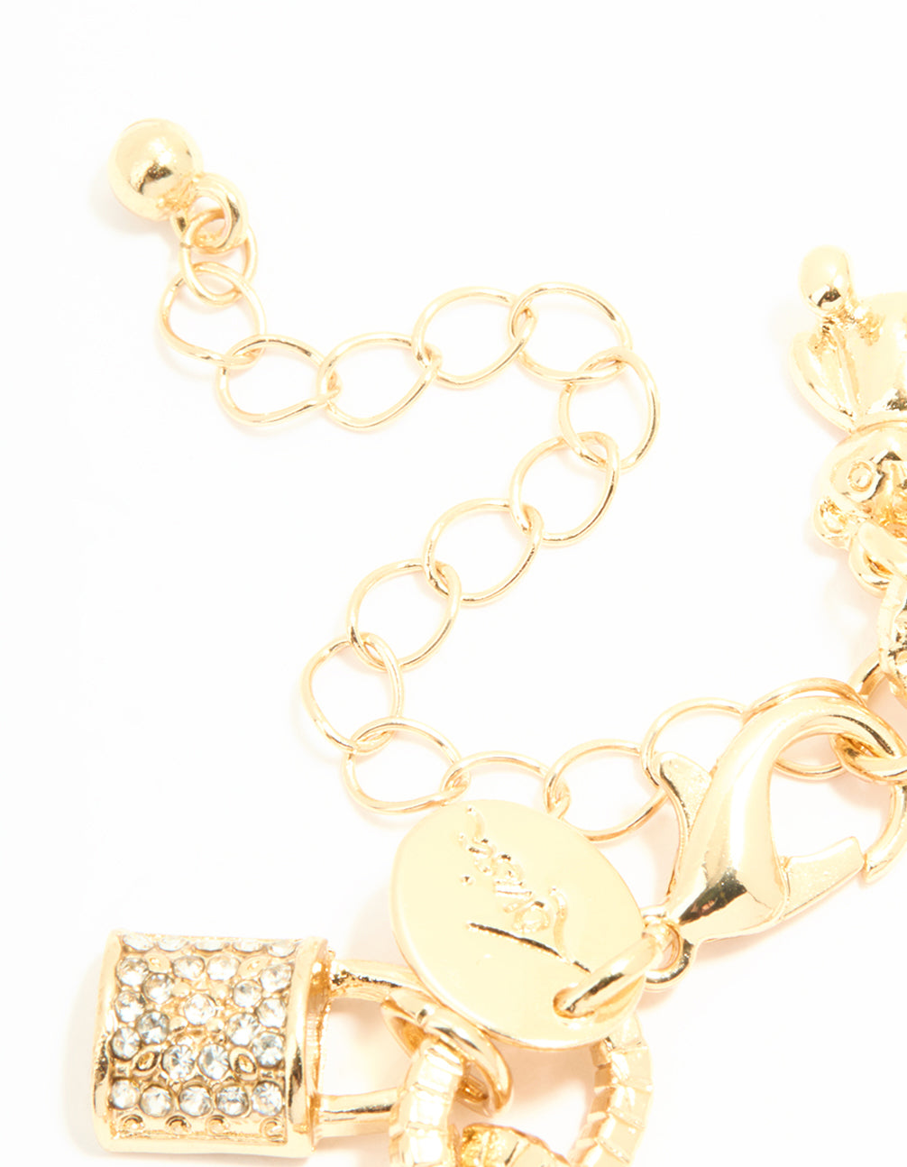 Crafted with gold diamante, this watch and chilli charm bracelet features celestial star, heart, floral, padlock details, white dial, number look, rectangle shape, link band strap for women, casual occasion, statement accessory closure detail view