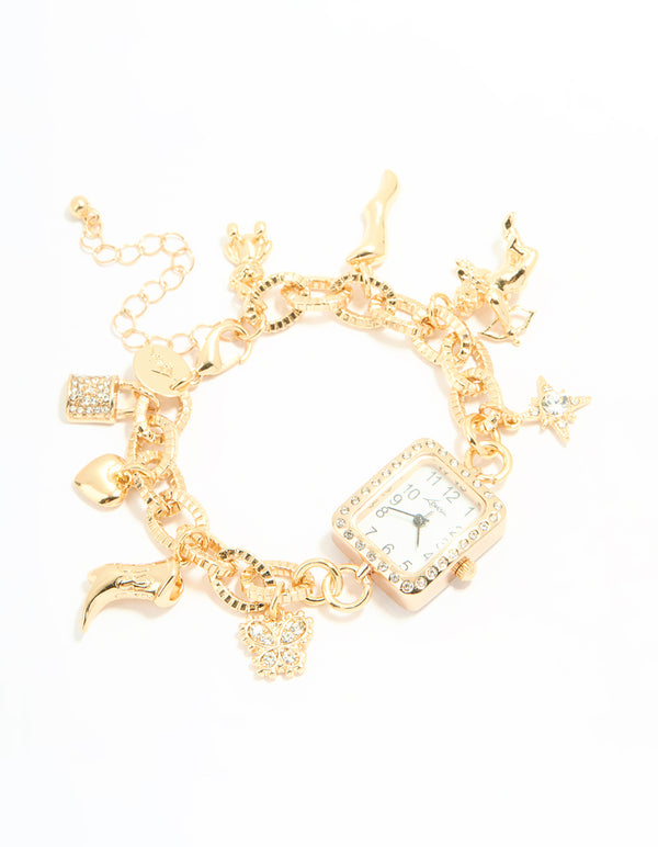 Gold Diamante Watch & Chilli Charm Bracelet