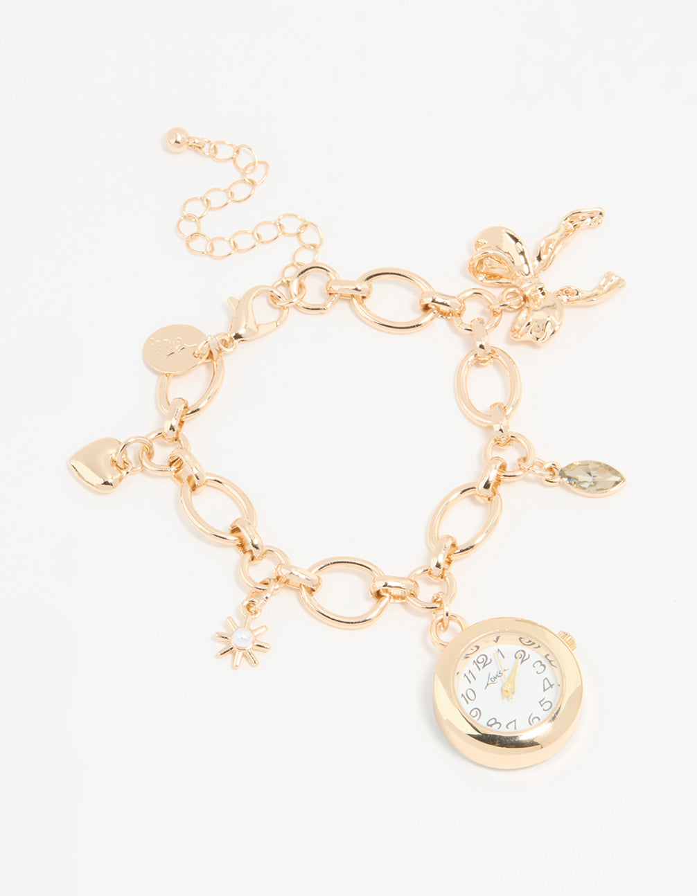 Discover a gold pearl star and watch charm bracelet for women featuring bow, heart, celestial details with numbered white round dial, link band, and statement casual styling and analog type front view