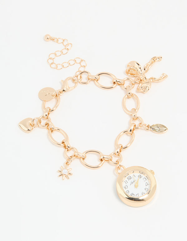 Gold Pearl Star & Watch Charm Bracelet