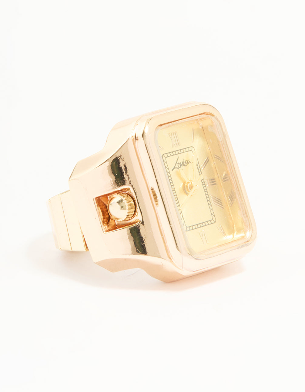Introducing a statement watch ring featuring roman numeral numbers on a yellow dial, rectangle shaped face, casual analog timepiece for women in gold watch face detail view