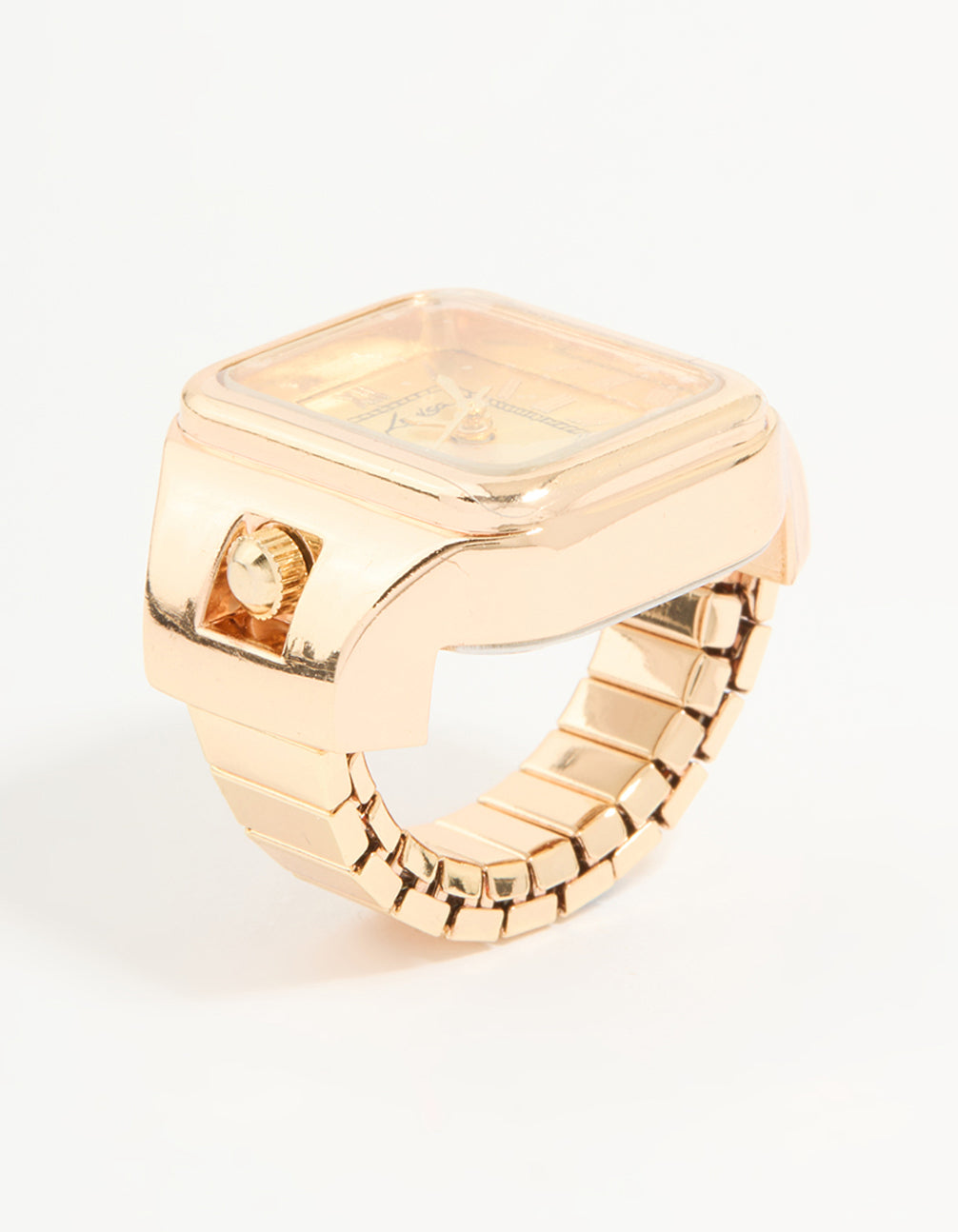Discover this statement watch ring featuring roman numeral numbers on a yellow dial, rectangle shaped face, casual analog timepiece for women in gold front view