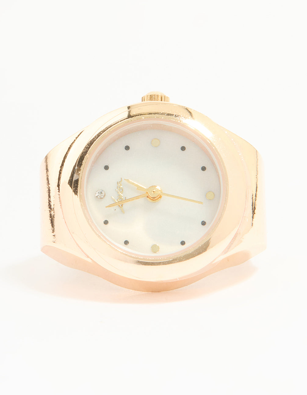 Explore a vintage watch ring in white dial with round shape, analog casual women's timepiece, crafted from gold with round stone cut case detail view