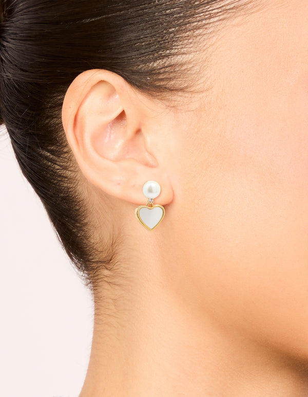 Gold Plated Pearl Catseye Heart Drop Earrings