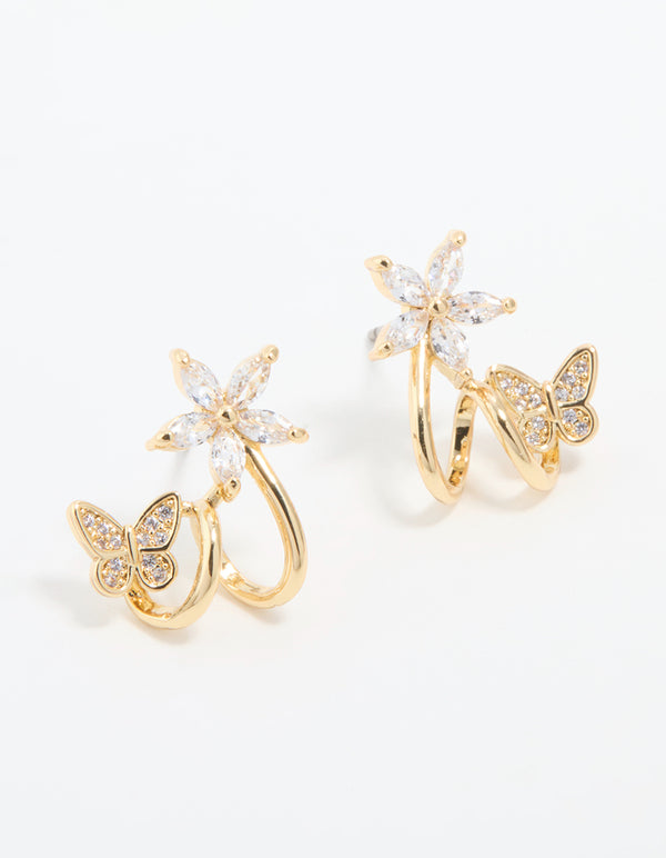 Gold Plated Cubic Zirconia Flower Butterfly Ear Jacket Earrings