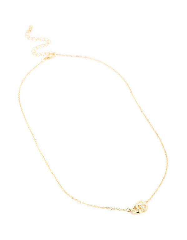 Gold Plated Brass Cubic Zirconia Double Heart Link Pendant Necklace