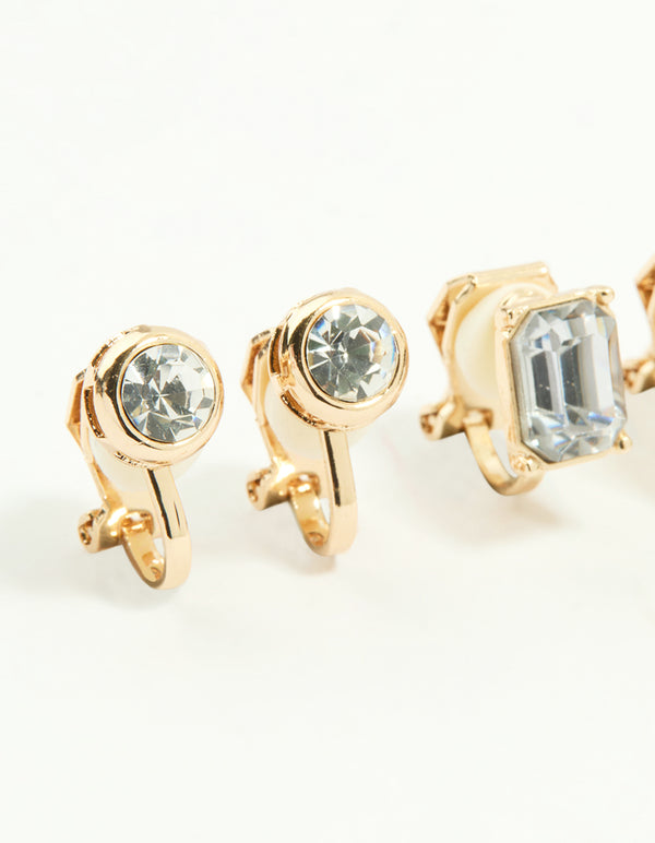 Gold Diamante Mixed Shape Clip-On Earrings 4-Pack