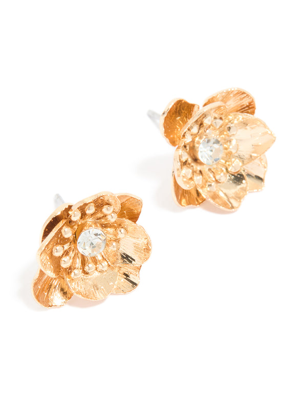 Gold Diamante Flower Stud Earrings