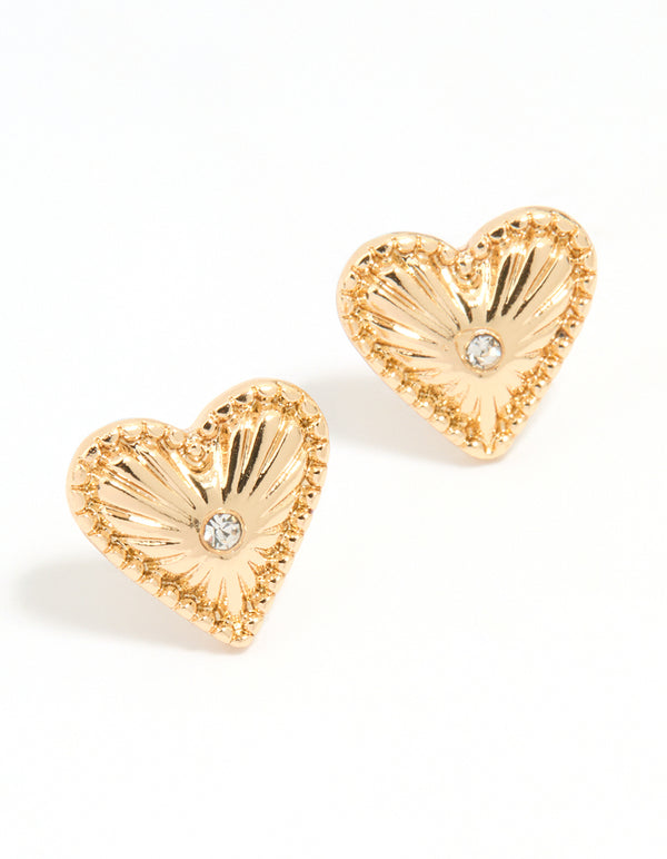 Gold Heart Diamante Stud Earrings