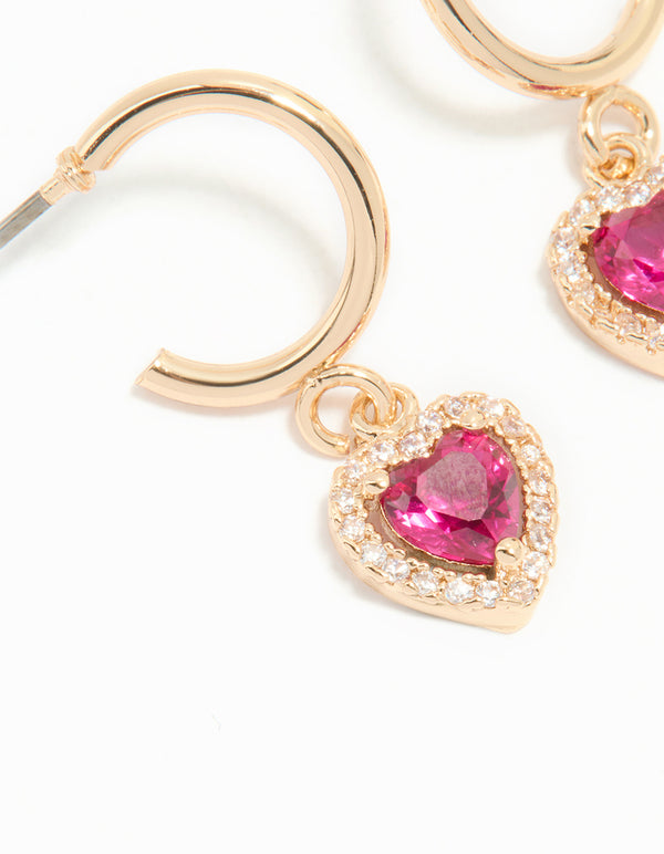 Gold Pink Cubic Zirconia Encased Heart Huggie Earrings
