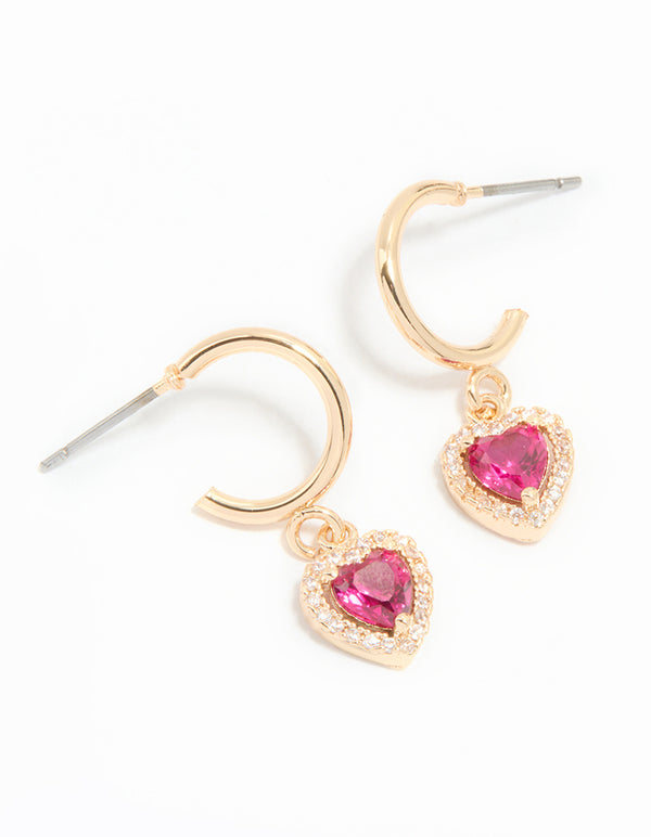 Gold Pink Cubic Zirconia Encased Heart Huggie Earrings