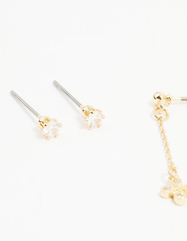 Gold Cubic Zirconia Chain & Stud Earrings 3-Pack