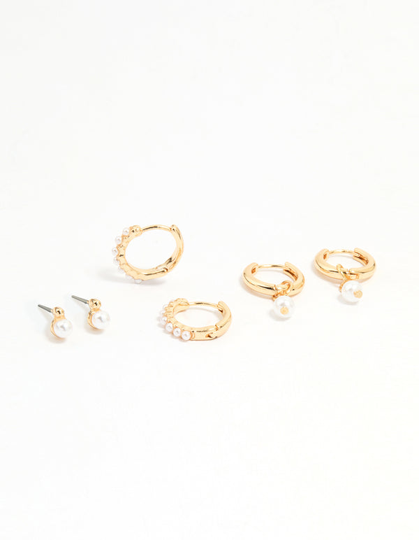 Gold Mixed Pearl Charm Huggie Earrings 3-Pack