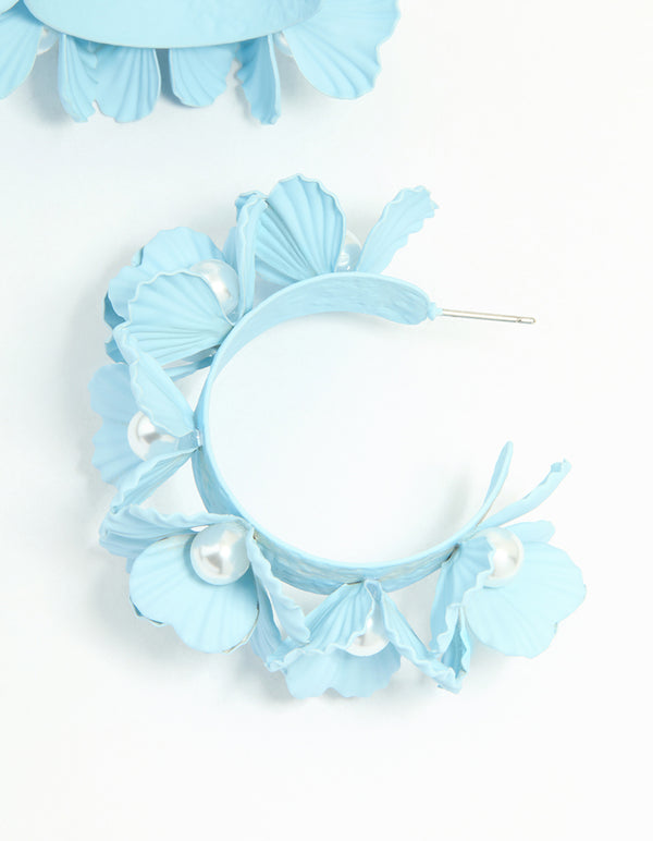 Blue Coated Metal Pearl Center Flower Hoop Earrings