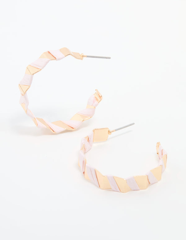 Gold Pink Paper Ridge Hoop Earrings
