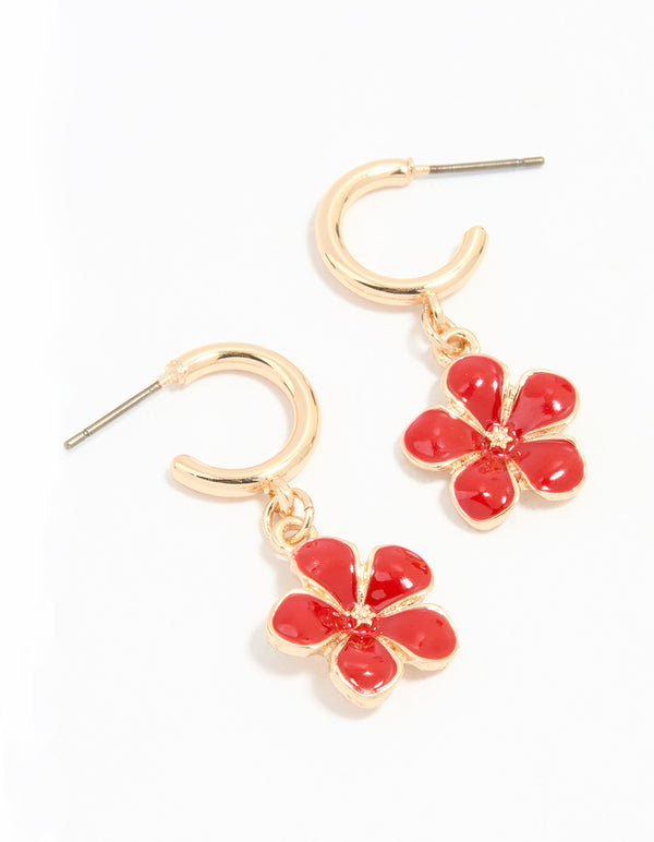 Gold Red Flower Hoop Earrings