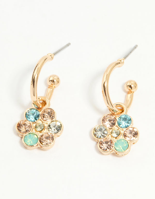 Gold Multicoloured Diamante Flower Huggie Earrings