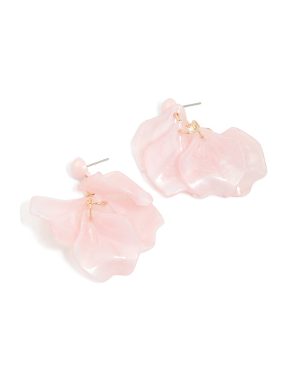 Gold Pink Pearlised Petal Flower Drop Earrings
