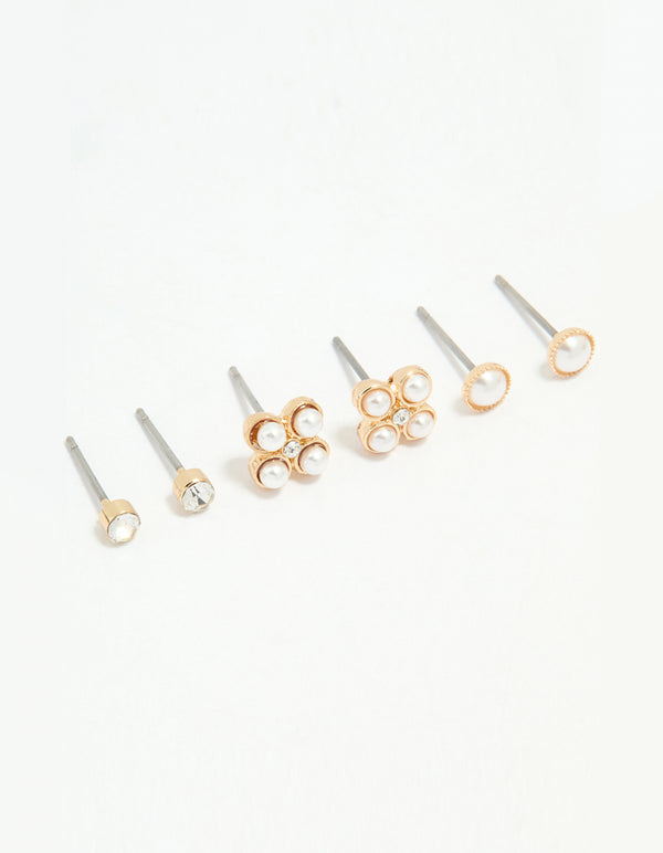 Silver Diamante & Pearl Stud Earrings 3-Pack