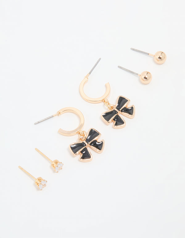 Gold Diamante & Black Bow Drop Earrings 3-Pack