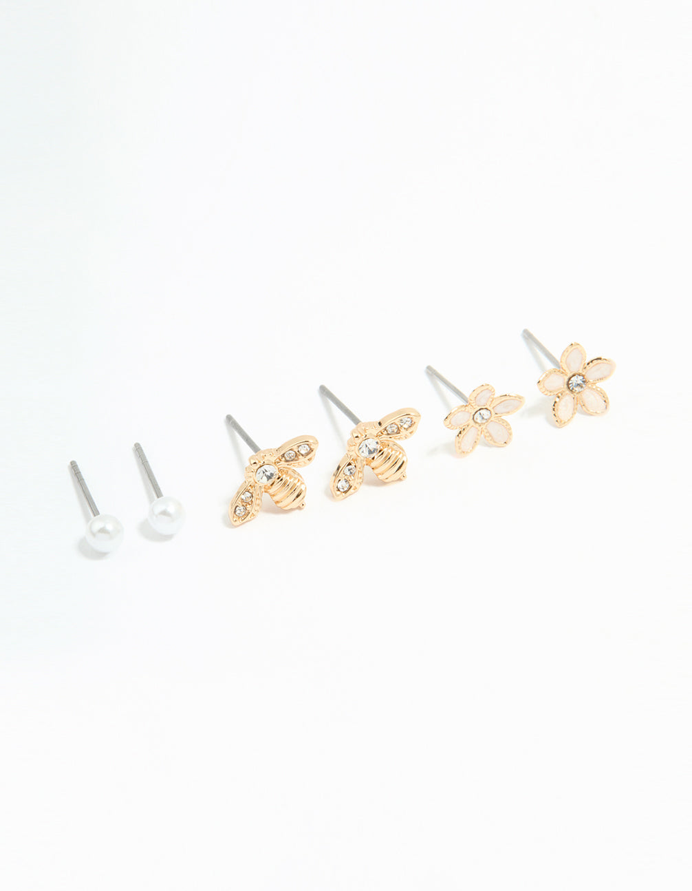 Gold Flower & Bee Stud Earrings 3-Pack